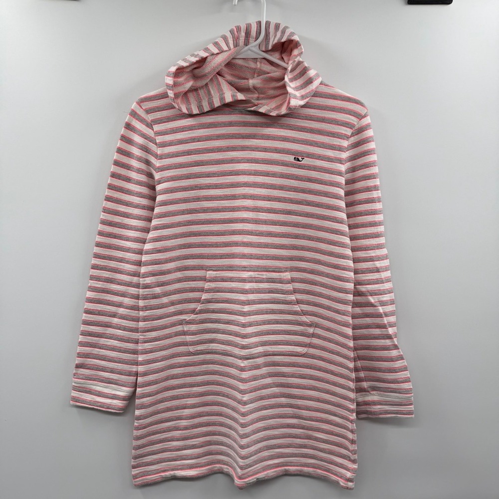 Vineyard Vines Women's Gray Pink Striped Hooded Pullover Hoodie Kangaroo Pocket